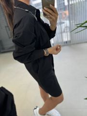 Ms Siyah Yaka Taşlı Poplin Gömlek Elbise