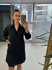 Ms Siyah Yaka Taşlı Poplin Gömlek Elbise
