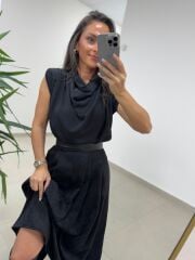 MZ 20554 Siyah Vatkalı Degaje Yaka Bluz