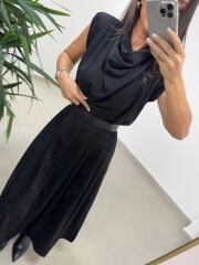 MZ 20554 Siyah Vatkalı Degaje Yaka Bluz