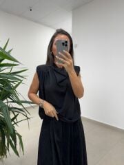 MZ 20554 Siyah Vatkalı Degaje Yaka Bluz