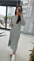 Bisiklet Yaka Yırtmaç Detaylı Antrasit Elbise