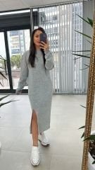 Bisiklet Yaka Yırtmaç Detaylı Antrasit Elbise