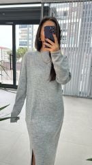 Bisiklet Yaka Yırtmaç Detaylı Antrasit Elbise