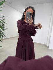 El 2339 Kendinden Kemerli Mürdüm Elbise