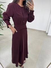 El 2339 Kendinden Kemerli Mürdüm Elbise