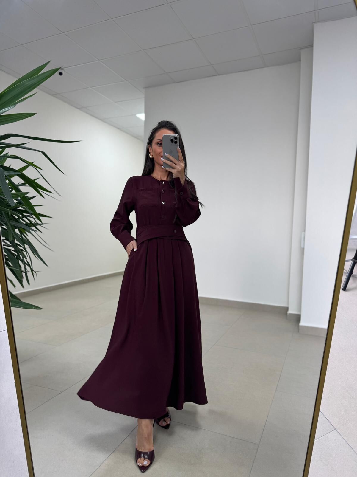 El 2339 Kendinden Kemerli Mürdüm Elbise