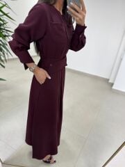 El 2339 Kendinden Kemerli Mürdüm Elbise