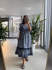 Orj. Marka Geçişli Poplin Saks Elbise