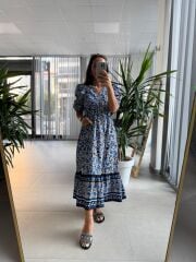 Orj. Marka Geçişli Poplin Saks Elbise