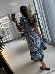 Orj. Marka Geçişli Poplin Saks Elbise