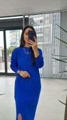 Crew Neck Slit Detailed Saks Dress