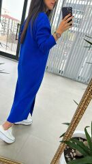 Crew Neck Slit Detailed Saks Dress