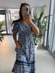 Orj. Marka Geçişli Poplin Saks Elbise