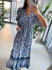 Orj. Marka Geçişli Poplin Saks Elbise