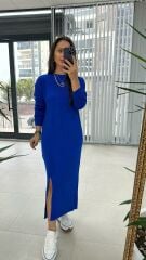 Crew Neck Slit Detailed Saks Dress