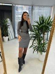 Antrasit Fitilli Triko Kalem Elbise