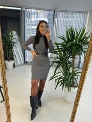 Antrasit Fitilli Triko Kalem Elbise