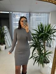 Antrasit Fitilli Triko Kalem Elbise