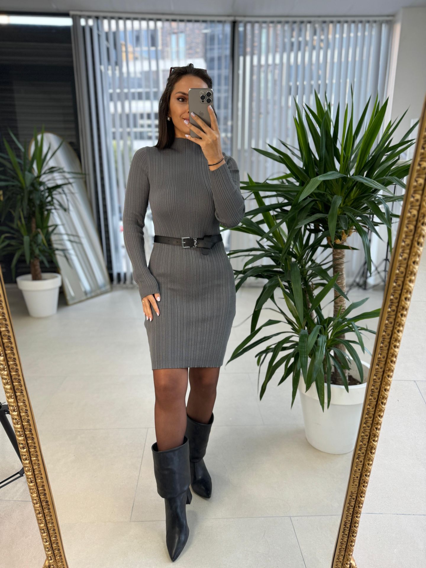 Anthracite Ribbed Knit Pencil Dress