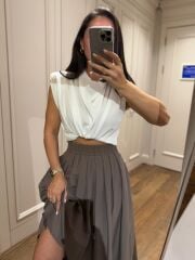 MZ 20554 Beyaz Vatkalı Degaje Yaka Bluz