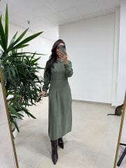 Ms 2894 Gizli Fermuar Detaylı Tensel Haki Elbise
