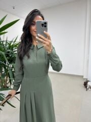 Ms 2894 Gizli Fermuar Detaylı Tensel Haki Elbise