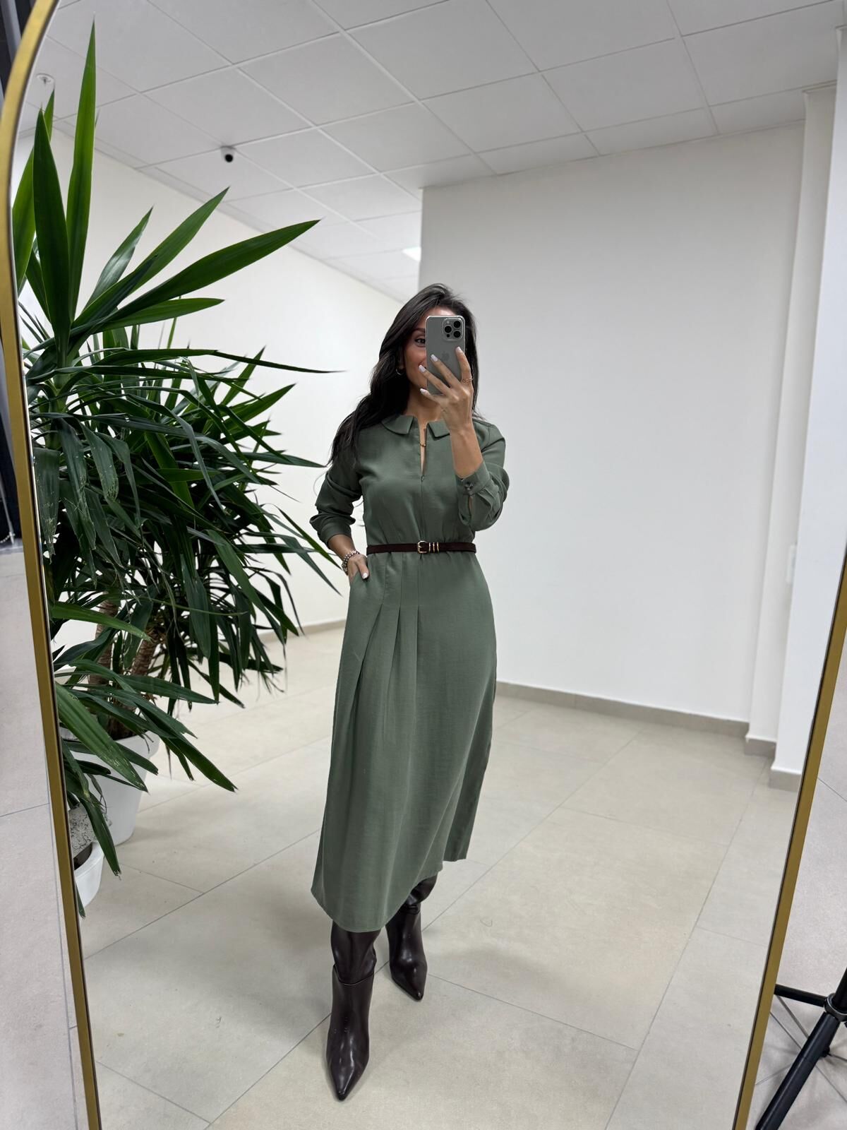 Ms 2894 Gizli Fermuar Detaylı Tensel Haki Elbise