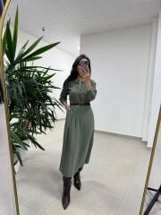 Ms 2894 Gizli Fermuar Detaylı Tensel Haki Elbise