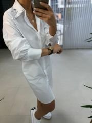 Ms Beyaz Yaka Taşlı Poplin Gömlek Elbise