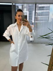Ms Beyaz Yaka Taşlı Poplin Gömlek Elbise
