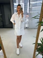 Ms Beyaz Yaka Taşlı Poplin Gömlek Elbise