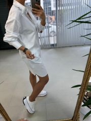 Ms Beyaz Yaka Taşlı Poplin Gömlek Elbise