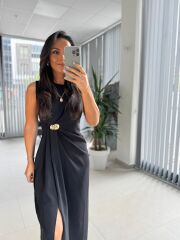 My 3718 Siyah Broş Detaylı Krep Elbise