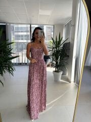 Cr 1049 Pembe Çıtır Askılı Maksiboy Elbise