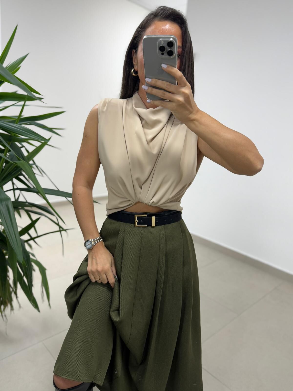 MZ 20554 Bej Vatkalı Degaje Yaka Bluz