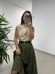 MZ 20554 Bej Vatkalı Degaje Yaka Bluz