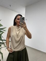 MZ 20554 Bej Vatkalı Degaje Yaka Bluz