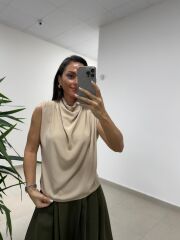MZ 20554 Bej Vatkalı Degaje Yaka Bluz