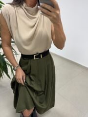 MZ 20554 Bej Vatkalı Degaje Yaka Bluz