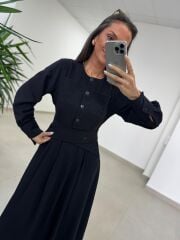 El 2339 Kendinden Kemerli Siyah Elbise