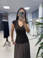 İv 26309 V Yaka Dantelli Kahve Bluz