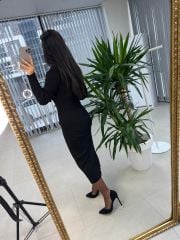 Siyah Fitilli Yırtmaçlı Triko Kalem Elbise