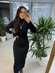 Siyah Fitilli Yırtmaçlı Triko Kalem Elbise