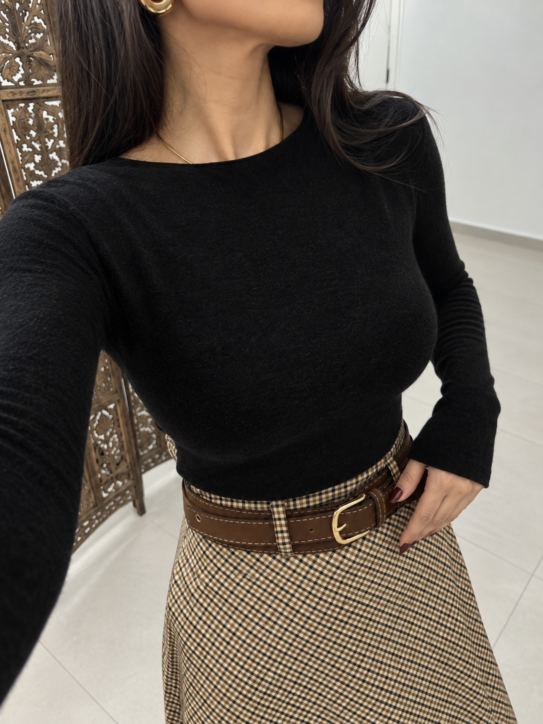 Po 2683 Siyah Kaşmir Dokulu Triko Bluz