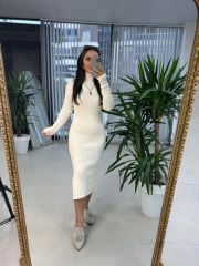 Krem Fitilli Yırtmaçlı Triko Kalem Elbise