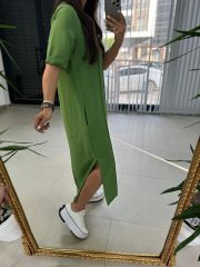 Ms Çima Dikişli Pamuk Keten Haki Elbise
