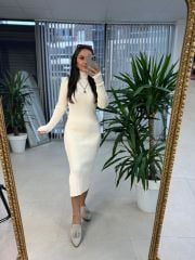 Krem Fitilli Yırtmaçlı Triko Kalem Elbise