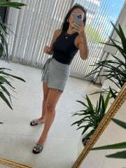 Zr Çizgili Gri Şort Etek