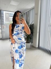 My 3736 Saks Broş Detaylı Jakarlı Elbise